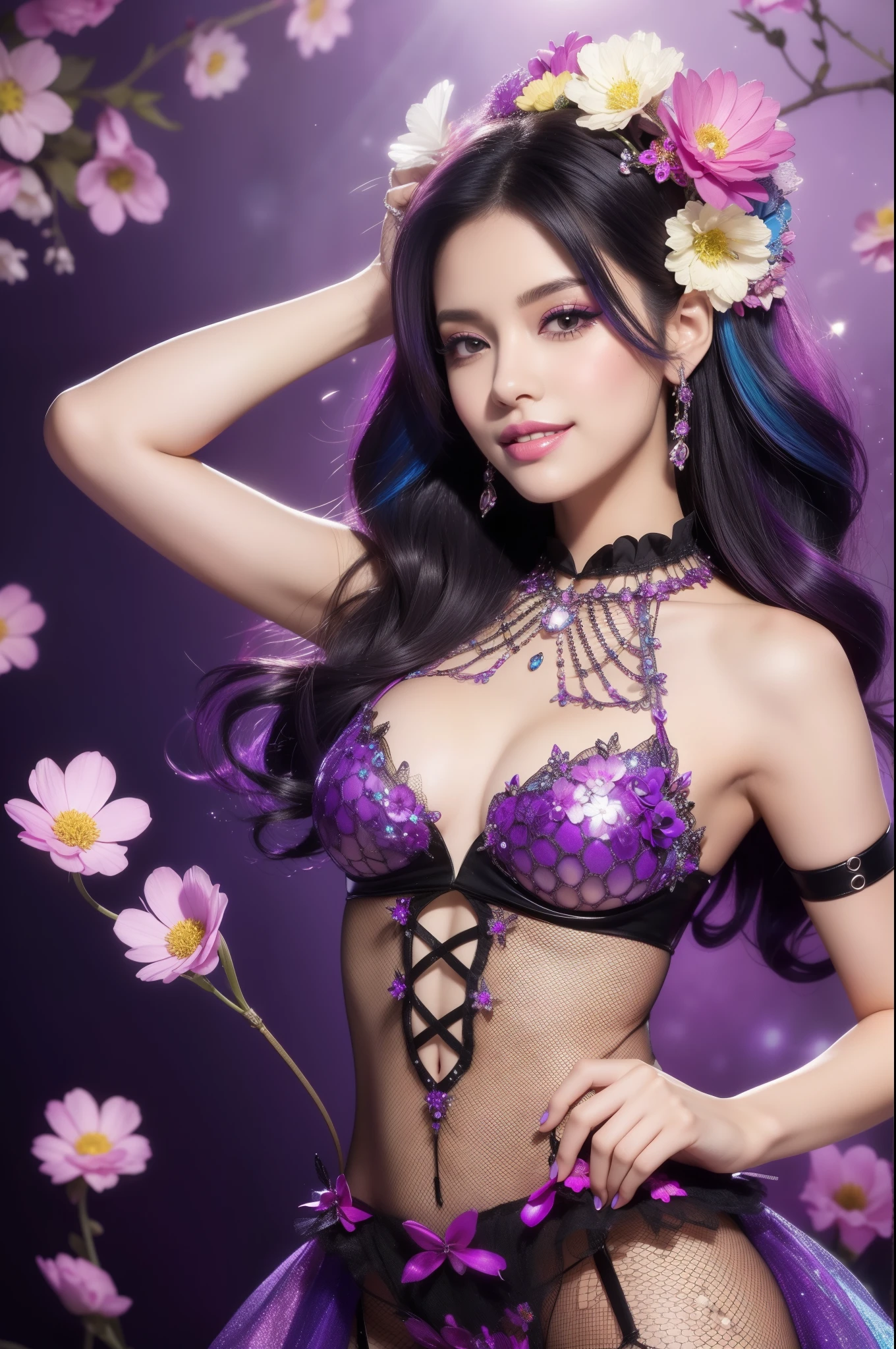 sexy Spanish model who controls poison、beautiful smile、lipgloss、smokey eyeshadow、look at the camera、full body Esbian、、sparkling poisoned flower costume、、、、sparkling Colorful hair、secrete poison、skull hair accessories、fishnet tights、shiny sparkling flowers background