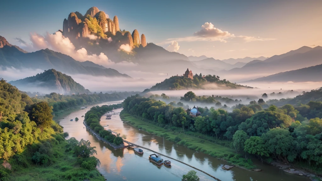 Natural beauty, Ancient village of Thailand. river, mountain. cloud, Temple. Aerial view,mystical beauty, 8k