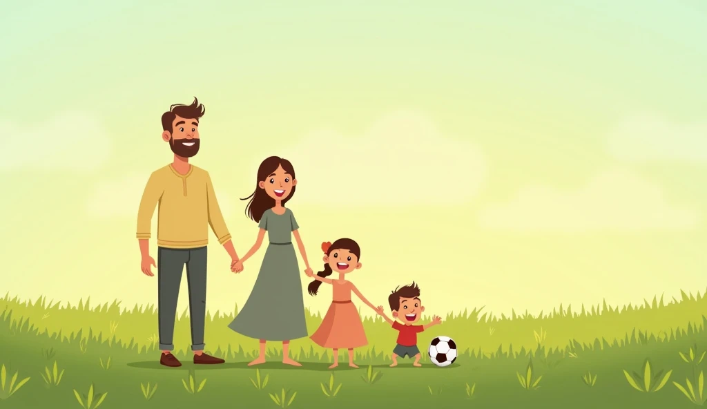 A father in casual clothes, a mother in a long dress, an in a long dress, a 5-year-old boy with a soccer ball in his hand and a 1-year-old baby crawling, all smiling and in a wonderful green field.
, children's cartoon style, minimalist