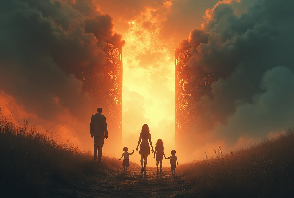 A landscape. A mother and her are playing very close to the firey gates of hell. A father is standing in the distant heaven, watching from afar