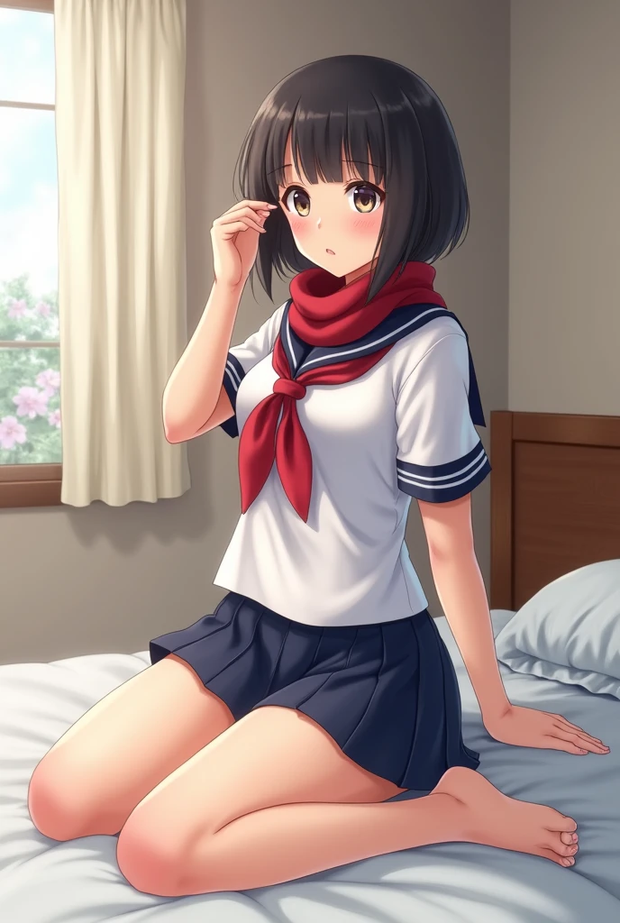Actual and realistic photos of Japanese junior high school girls, uniform, Summer short-sleeved sailor uniform, Red scarf,Navy blue short skirt, Her Room,One hand raised,Bob Hair,Sensual face,Young but beautiful face,Sitting in bed with one knee raised,Her small white panties are clearly visible under her skirt,The panties are digging into her pussy, leaving a clear vertical line,Attractive thighs,Slightly larger breasts,She masturbates to pornographic videos every day., I have no experience with men, I want to have sex quickly, I have a rape wish,There is a lot of sweat on the forehead