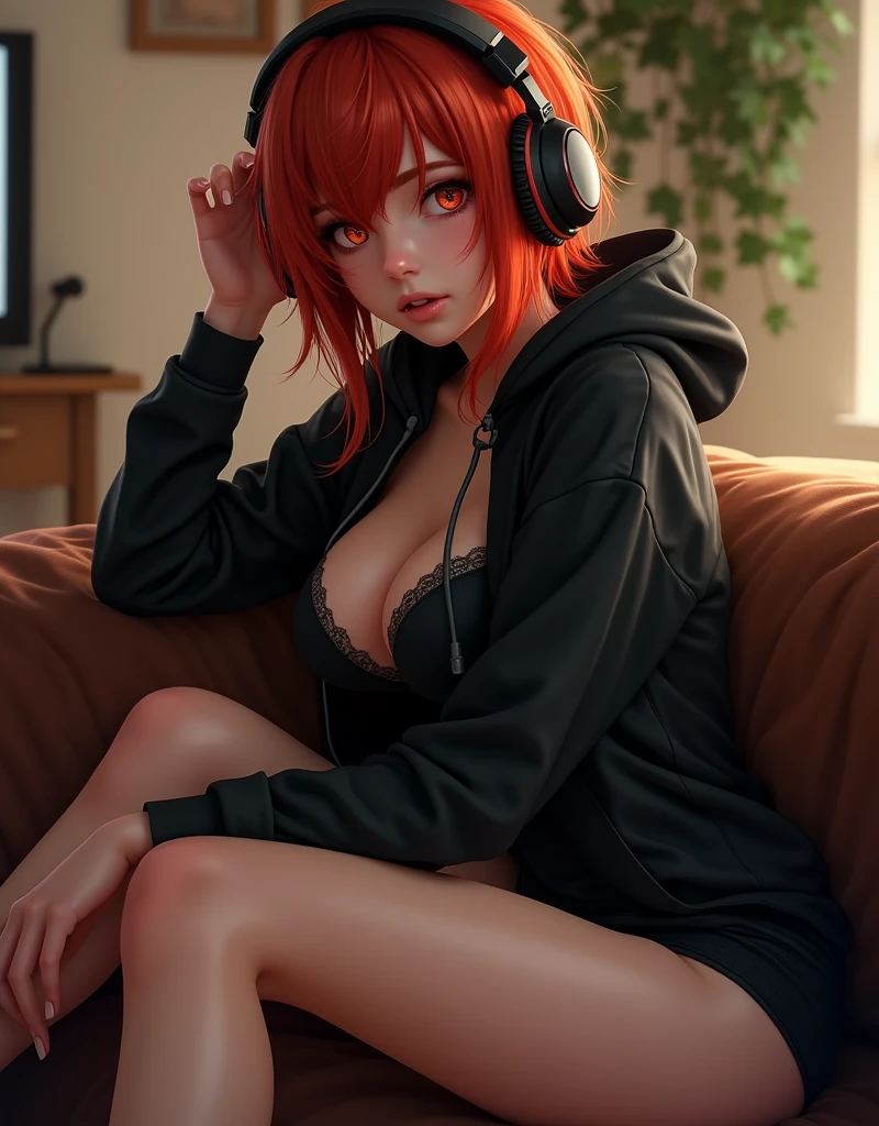 score_9, score_8_up, score_7_up, score_6_up, score_5_up, score_4_up, realistic style, photo, photorealistic, high detail, (sharp), BRAKE, girl, gamer, red hair, tousled hair, skinny, firm breasts, headphones, sexy black hoodie, black panties, posing on couch, looking at viewer,