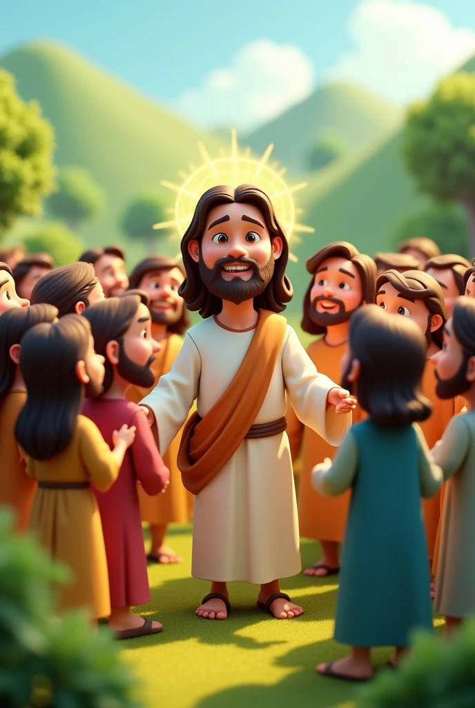 Jesus with his followers in 3D cartoon