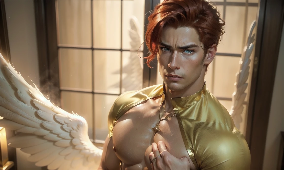 [((highly detailed, detailed eyes, detailed face, clear and realistic facial features, photorealistic, realistic light, cinematic, looking at you)), (1 man), (((((Gorgeous perfect sexy powerful masculine male angel))))), (((he has two grand golden angel wings sprouting out of his back))), ((((short sexy red hair)))), ((((pale yellow eyes)))), ((3)), ((wearing flattering gold and white clothes)), (((aura of divine power))), standing in a cozy apartment at nighttime, ((light blush)), (((((wearing a clearly indignant expression)))))]