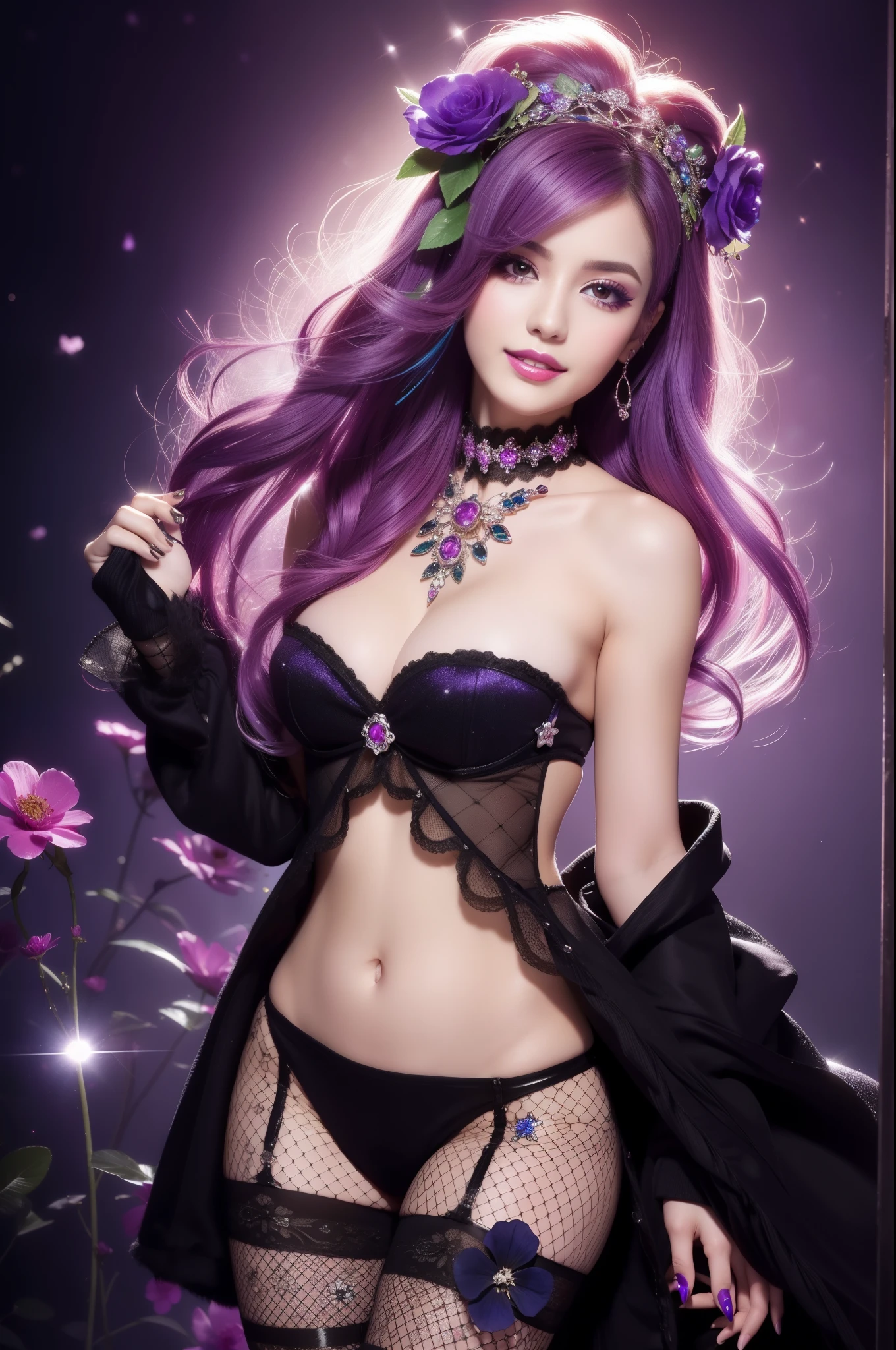 sexy Spanish model who controls poison、beautiful smile、lipgloss、smokey eyeshadow、look at the camera、full body Esbian、、sparkling poisoned flower costume、、、、sparkling Colorful hair、secrete poison、skull hair accessories、fishnet tights、shiny sparkling flowers background