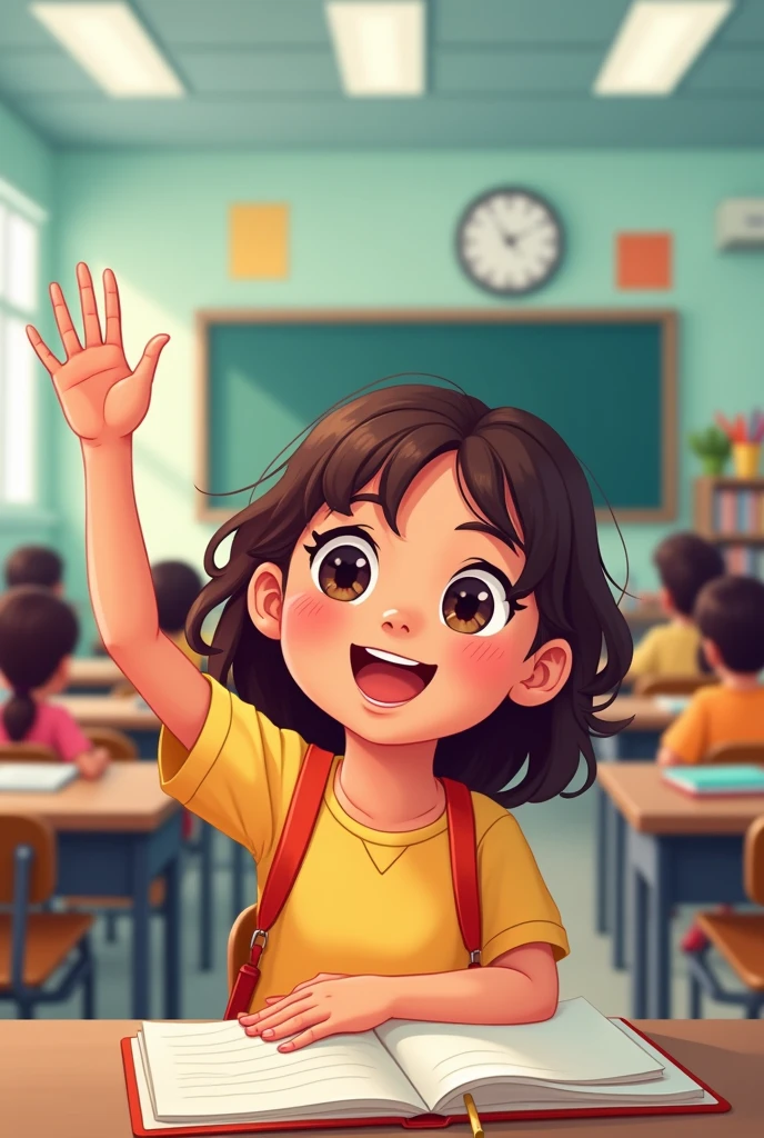 illustration, 8 year old girl, raising his hand in his course