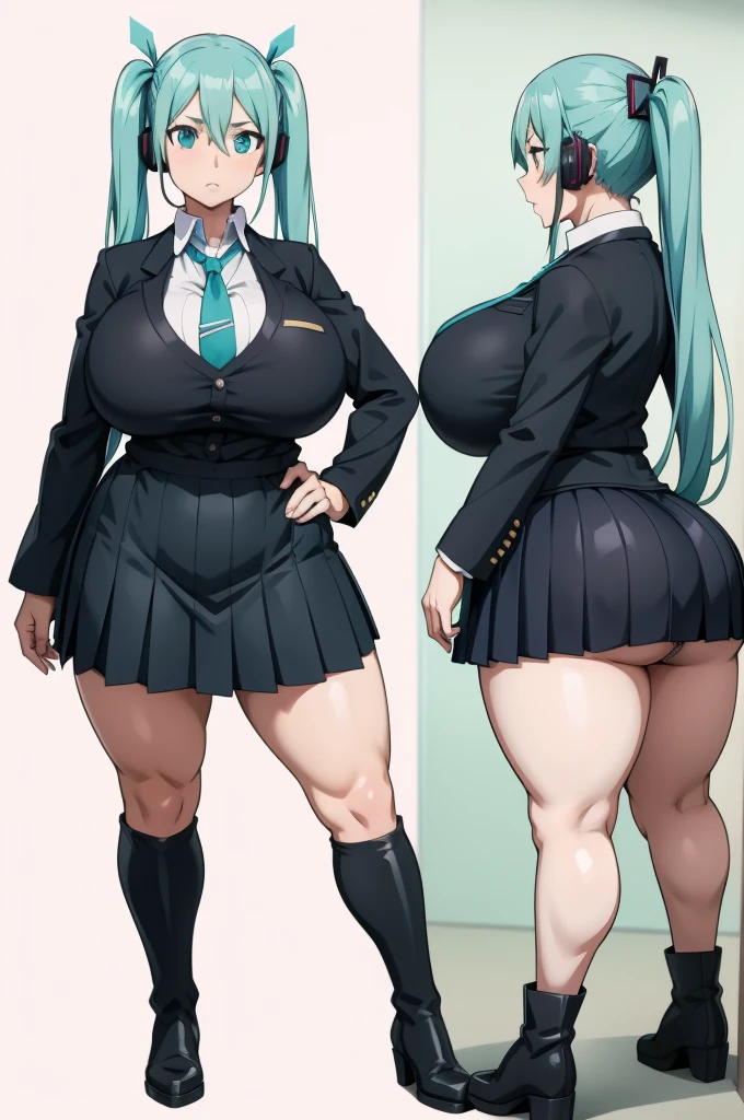 One Woman,Precise five fingers、Two long, accurate legs、Long Hair、Knee-high socks、Wide Hips、plump and thick thighs、Huge Ass、Huge breasts, Embarrassed look、Full Body Shot、Sexy pose、panties、White background、 Oily, shiny skin,woman、,Aqua Eye,(Aqua Hair:1.3),Crossed bangs,Hair between the eyes,hair ornaments,Headphones,Long Hair,Twin tails,aqua tie,Black footwear,black skirt,black sleeves,boots,collared shirt,Removable sleeves,grey shirt,tie,pleated skirt,shirt,skirt,No sleeve,No sleeve shirt,thigh boots,tieピン,hatune_miku