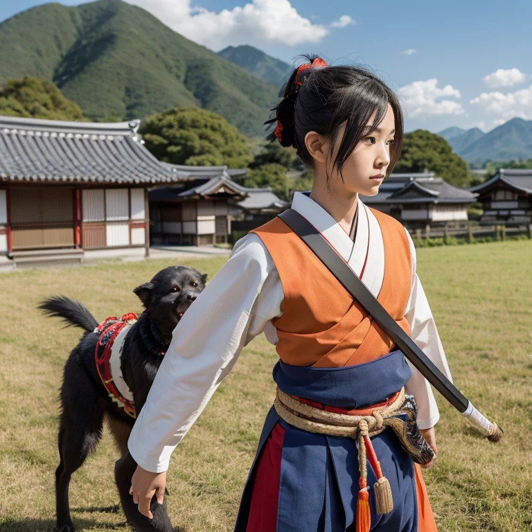 Create an image of Momotaro, brave girl with short black hair tied in a traditional samurai topknot. She wears a vibrant red and blue samurai-style outfit, with a breastplate adorned w the symbol of a peach, representing his origin from a giant peach. hakama (traditional wide-legged pants) are neatly tied with a sash. He carries a traditional Japanese sword (katana) at his side, and his expression is determined and courageous. In the background, depict a rural Japanese setting with traditional thatched-roof houses, lush green fields, and distant mountains. Surround him with his loyal companions: a fierce-looking dog, a clever monkey, and a strong pheasant, adventure, tradition, and folklore, vibrant colors.