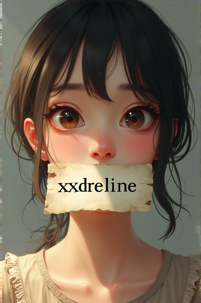 The girl has a paper in her mouth that says Xxxdreline.