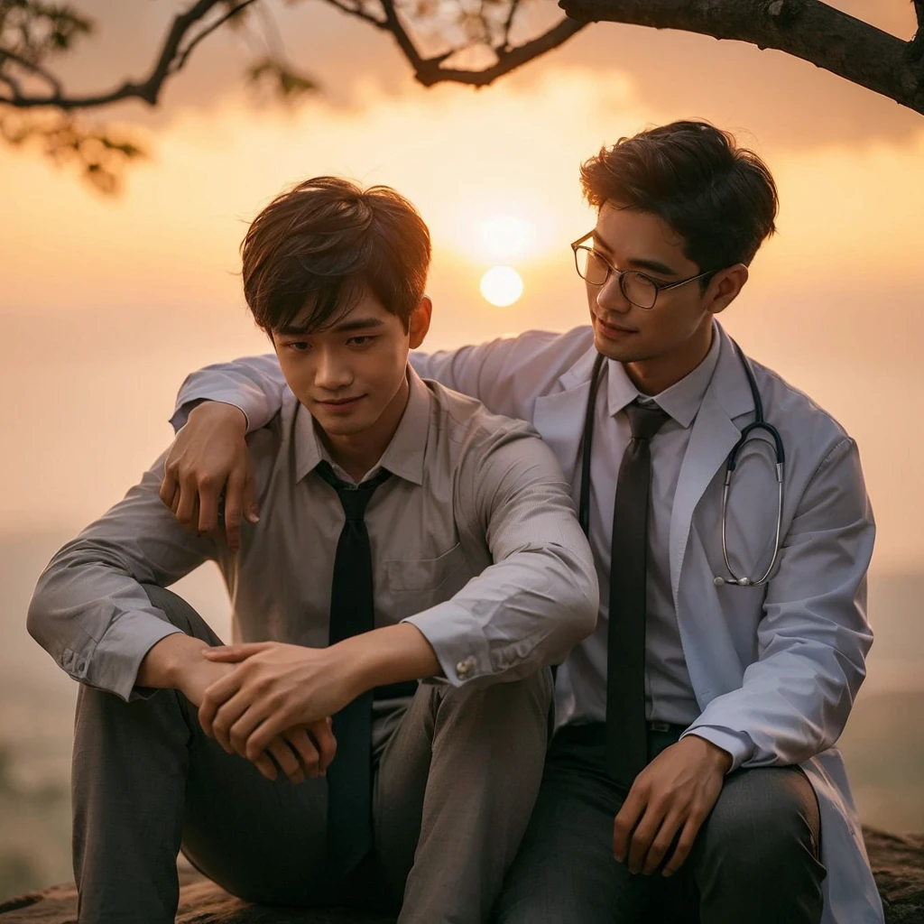 a stunning of a young Indonesian male doctor with neat hair put his one arm around the shoulders of a sad young man Indonesian 35yo teacher uniform,tie(very short slighty wavy hair, slighty stocky and taller than doctor).he looks with a sympathetic smile.both seen from behind.they are sitting on a cliff under a tree branch.The background depicts an orange sky with the sun setting near the horizon; Cinematic, photography,UHD