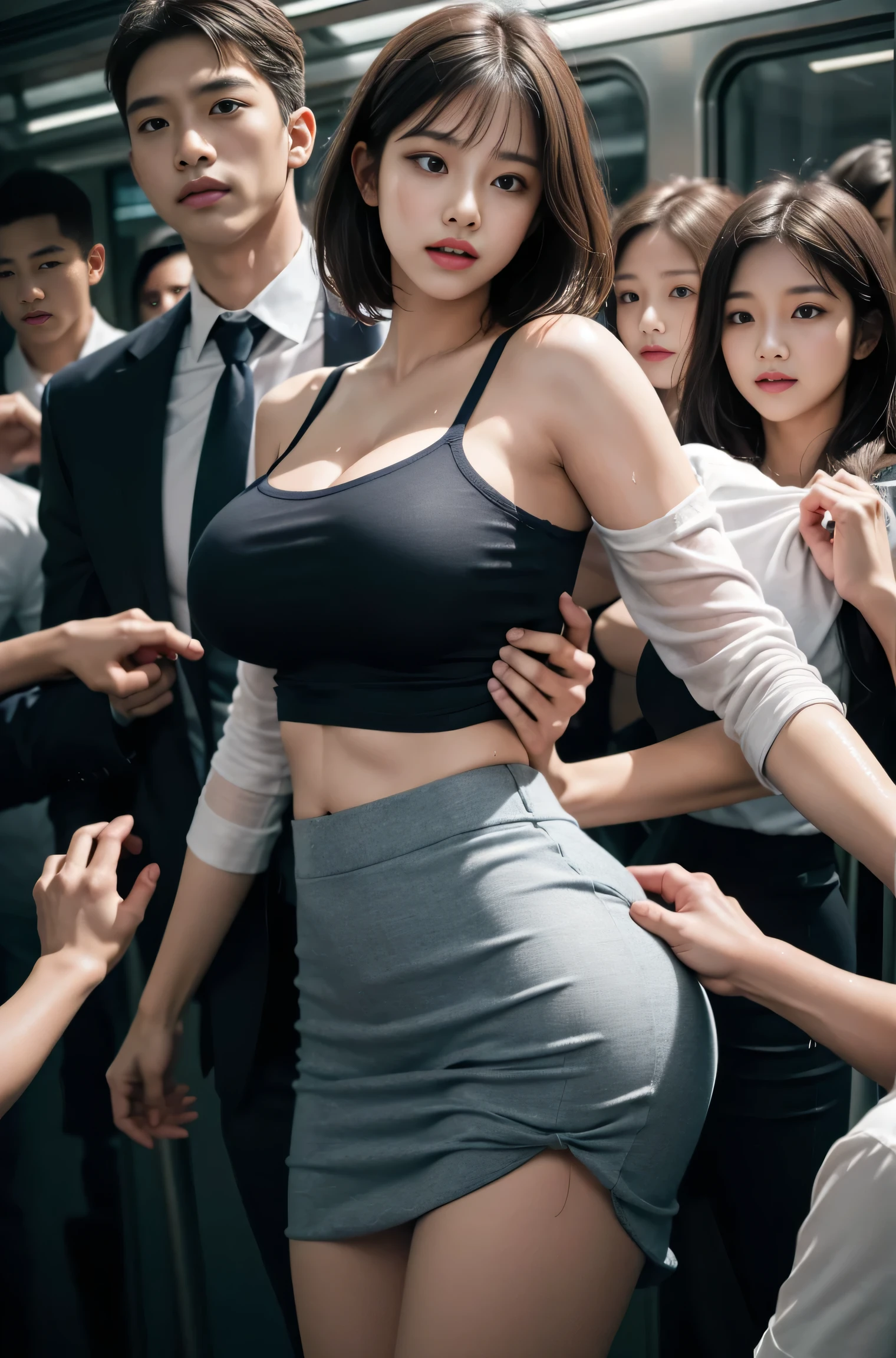 (harassment:1.8) Japanese woman, very big breasts, Large breasts, (White short-sleeved shirt,Dark blue collar tape,short pleated skirt, Dark brown hair to the shoulders,hits,ear),chest grip, on the train, Grab your butt, Several men around her grab her breasts., chest grip, multiple hands, masterpiece, of the highest quality, Very detailed, harassment, crowd of men, Crowd of surfers, very realistic face, very realistic eyes, crowd of men around her, The person grabbing her body, I pressed my chest, harassment, masterpiece, of the highest quality, Very detailed, 1 girl, multiple hands, Grab your butt with the crazy crowd, chest grip, The men around her, Squeezed body, Many people grab their chest., Being hit, put on clothes, Very wet and sweaty, Grab the clothes, (There are no women in the crowd.), Man with a tie