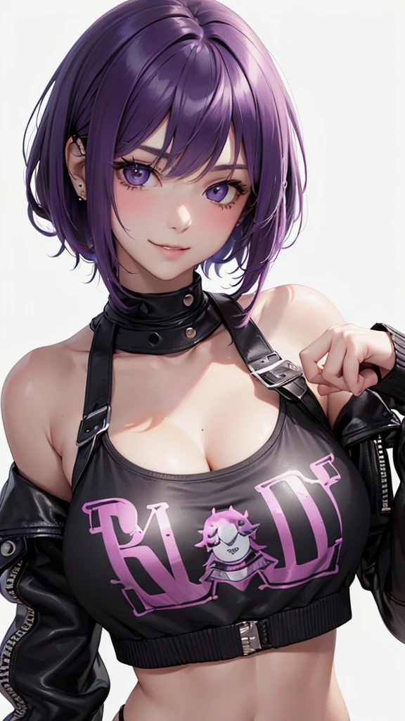 Best Quality,High resolution,8k,(plain white background, no patterns, no textures, just a plain white background:1.3),Masterpiece:1.2),beautiful girl,Big Breasts,(Glossy, deep purple hair:1.3),bob cut,Beautiful purple eyes,A girl wearing a black leather jacket with metal studs, ripped jeans, and a band T-shirt, embodying a rebellious punk rock style,Gentle look,A refreshing look,smile,Best quality,Best Quality,Aesthetic and aesthetic:1.2,Best details((Super detailed))(High-definition CG illustrations),Slender body,smile,blush,cute,Scrounge,Looking up,Being spoiled