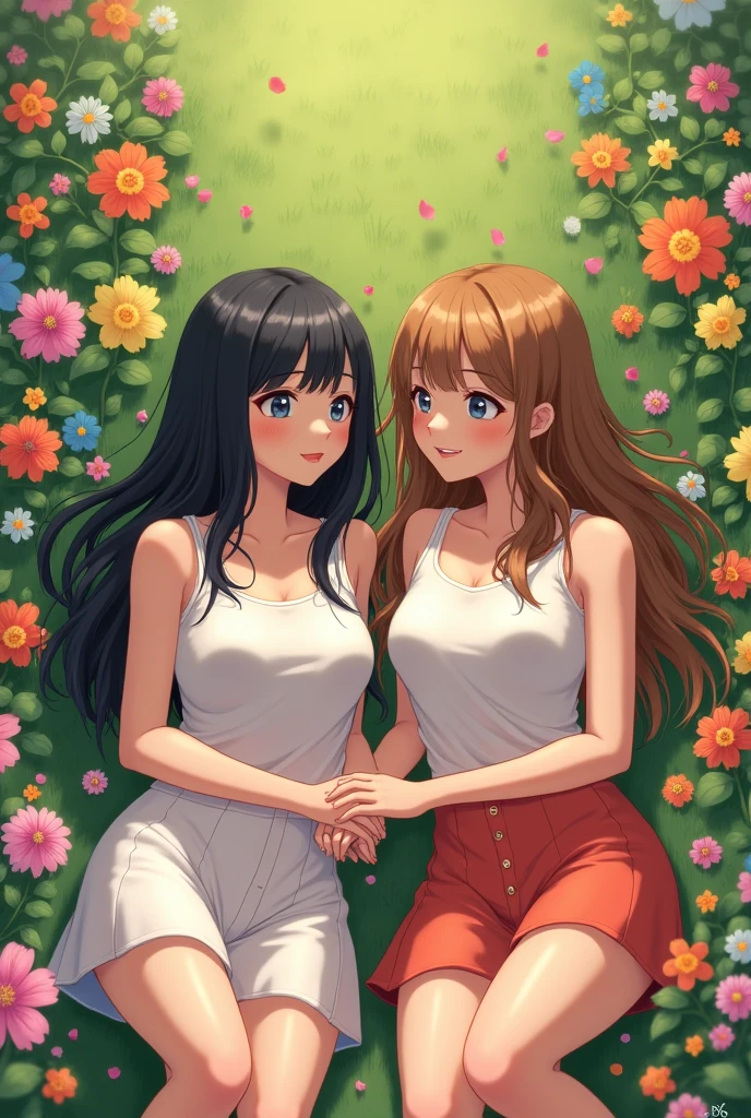 Two friends lying in a flower garden, one with straight black hair and the other with straight brown hair. The black-haired one being only 3cm shorter than her friend.