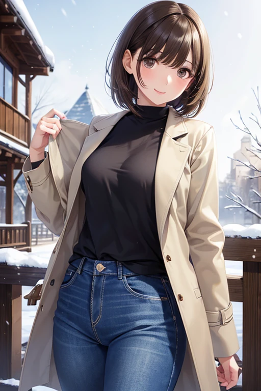 anegasaki nene、Shiny brown hair, short hair, (Beautiful brown eyes、Sparkling eyes, Fine grain)、smile、Ultra-detailed eyes、Highly detailed face, Highly detailed eyes,Cowboy Shot、
alone, Very delicate, masterpiece, Highest quality, High resolution, ondr, One person, coat, Denim pants, Outdoor, snow, Cowboy Shot,
