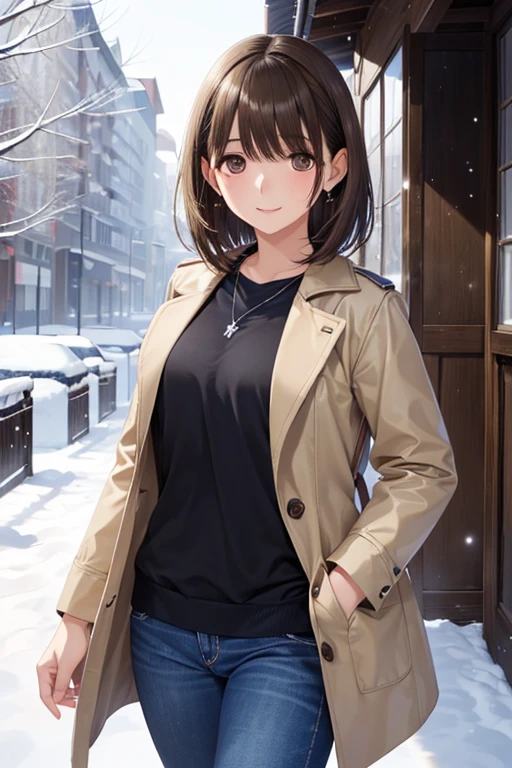 anegasaki nene、Shiny brown hair, short hair, (Beautiful brown eyes、Sparkling eyes, Fine grain)、smile、Ultra-detailed eyes、Highly detailed face, Highly detailed eyes,Cowboy Shot、
alone, Very delicate, masterpiece, Highest quality, High resolution, ondr, One person, coat, Denim pants, Outdoor, snow, Cowboy Shot,