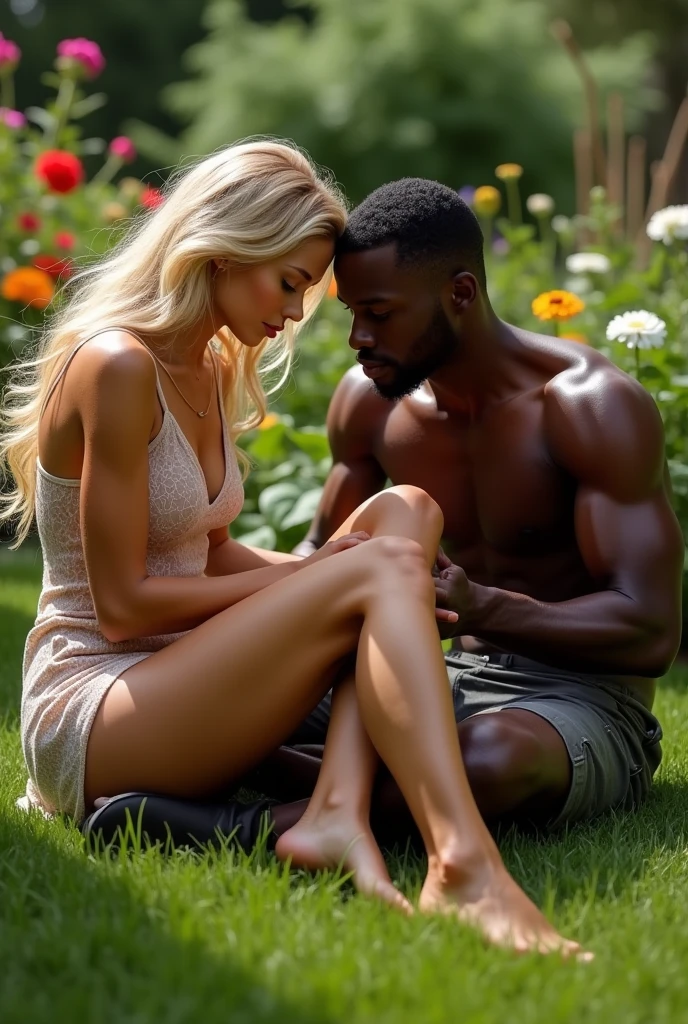 "A blonde woman, dressed in a short, sheer sundress and loose hair cascading down her shoulders, sitting in the grass pruning the flowers in her garden (looks at the camera) as she is  (((showing her detailed veiny feet and strong open legs))) to me as a fit build black man sitting next to her gazes between her legs as his hand (touches her inter thy)"