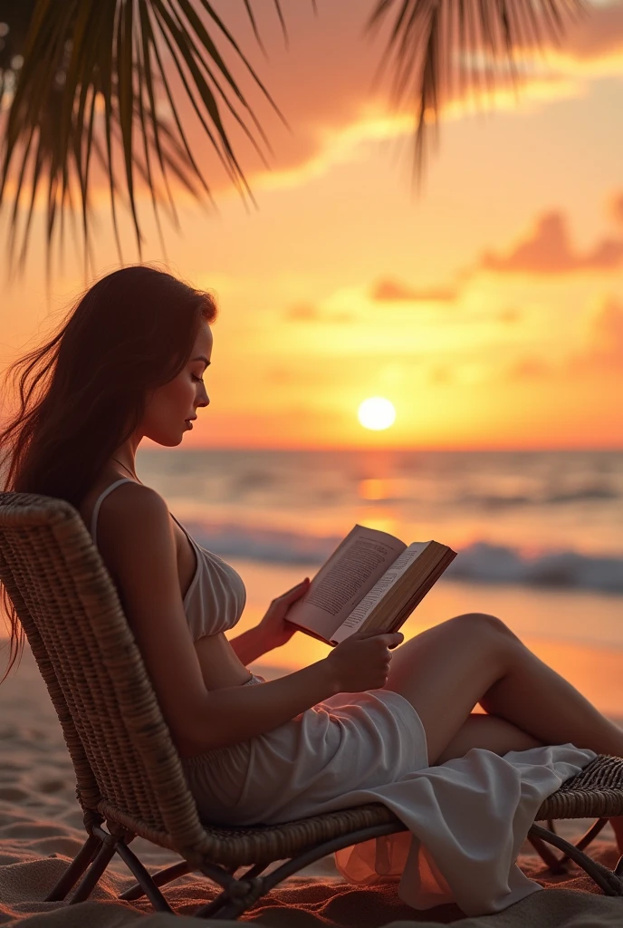 woman reclining on a beach chair reading a book during sunset