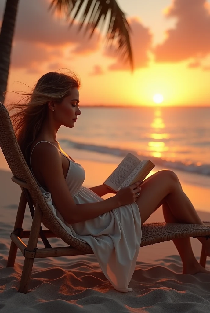 woman reclining on a beach chair reading a book during sunset