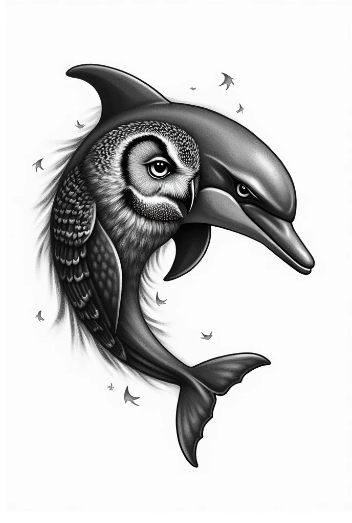 "Create a black and white tattoo design that combines the faces of an owl and a dolphin. The design should merge these two animals in a harmonious way, symbolizing the bond between two brothers. The owl and dolphin should be integrated to highlight their unique features while representing the connection and unity between the siblings."