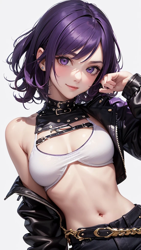 Best Quality,High resolution,8k,(plain white background, no patterns, no textures, just a plain white background:1.3),Masterpiece:1.2),beautiful girl,Big Breasts,(Glossy, deep purple hair:1.3),bob cut,Beautiful purple eyes,A girl wearing a black leather jacket with metal studs, ripped jeans, and a band T-shirt, embodying a rebellious punk rock style,Gentle look,A refreshing look,smile,Best quality,Best Quality,Aesthetic and aesthetic:1.2,Best details((Super detailed))(High-definition CG illustrations),Slender body,smile,blush,cute,Scrounge,Looking up,Being spoiled,super model