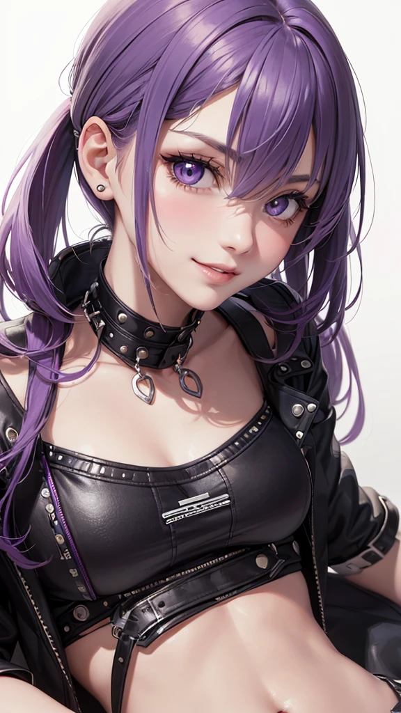Best Quality,High resolution,8k,(plain white background, no patterns, no textures, just a plain white background:1.3),Masterpiece:1.2),beautiful girl,Big Breasts,(Glossy, deep purple hair:1.3),bob cut,Beautiful purple eyes,A girl wearing a black leather jacket with metal studs, ripped jeans, and a band T-shirt, embodying a rebellious punk rock style,Gentle look,A refreshing look,smile,Best quality,Best Quality,Aesthetic and aesthetic:1.2,Best details((Super detailed))(High-definition CG illustrations),Slender body,smile,blush,cute,Scrounge,Looking up,Being spoiled,super model