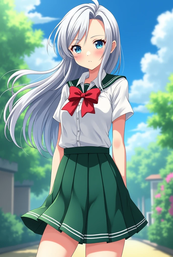 Anime style girl in uniform、Silver long hair、Ahoge、Beautiful blue eyes、Red ribbon、18-year-old、Brown Loafers、Above the knee skirt、Green skirt with white lines、Summer clothes、Arya、Russian