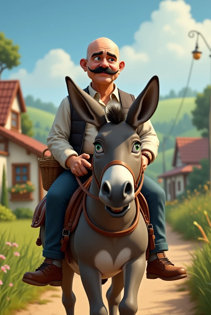 Create an image of a bald mayor with a mustache going to live on a donkey with a saddle and a basket