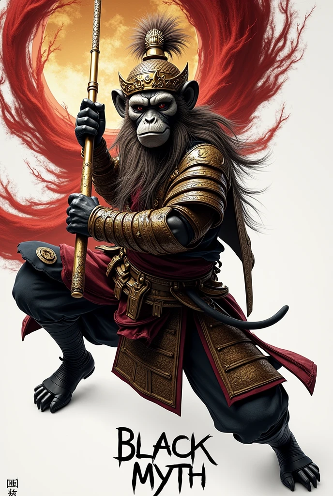 The words "black myth" written in large letters at the bottom of the screen, Full body view, ((masterpiece, highest quality, Highest image quality, High resolution, photorealistic, Raw photo, 8K)), ((Extremely detailed CG unified 8k wallpaper)), (Sun Wukong holds a golden stick), A monkey-faced man in ancient Chinese armor wields a golden clothesline, (Simple background, White background:1.3),