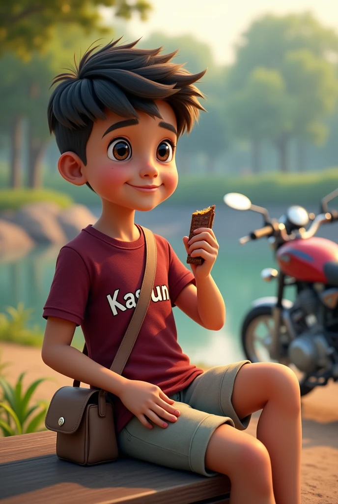 A single younger boy wearing ash colout short and marron colour t-shirt.Printed "Kasun" on his t-shirt.sitting on bench near lake. Chocolate on his hand and not eat.Small side bag wear cross chest.black slippers wear.Bajaj discover bike near him.make realistic.