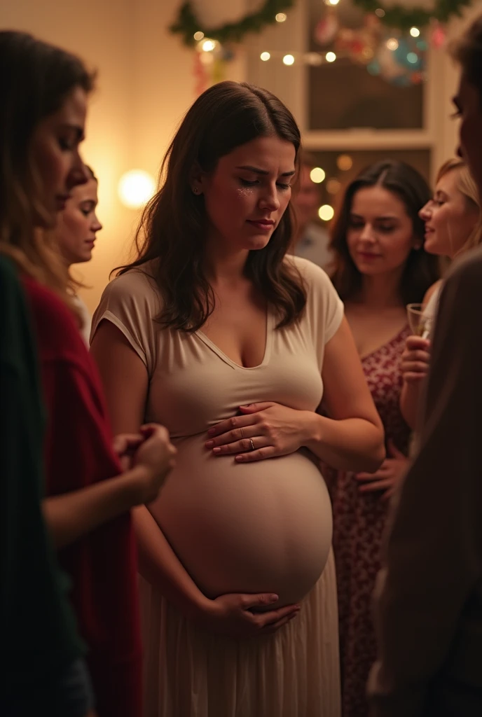 Pregnant wife cries at friends party