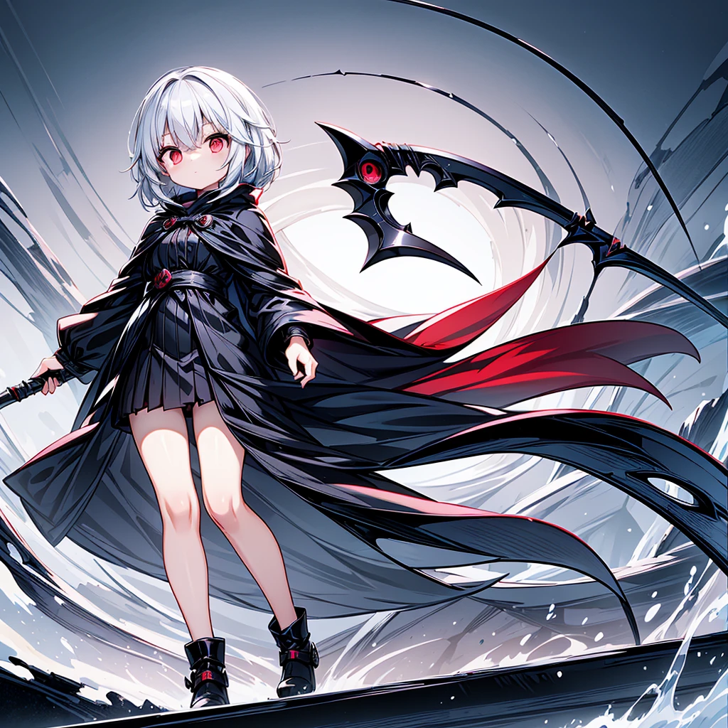 The cover image of the manga, Gray Grim Reaper Scythe, features a cute girl with waist-length white hair and ruby red eyes, standing in a beautiful pose holding a scythe The sickle has a single black handle.