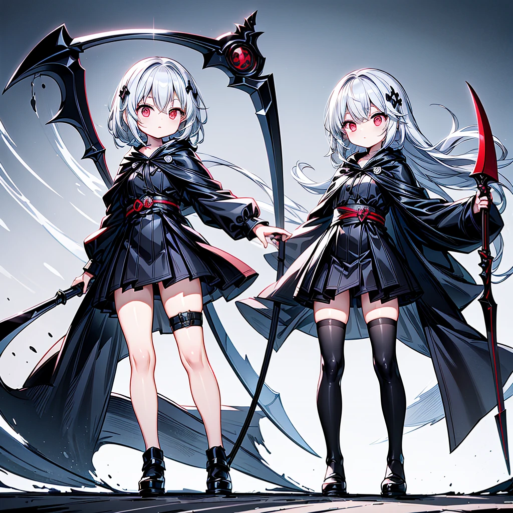 The cover image of the manga, Gray Grim Reaper Scythe, features a cute girl with waist-length white hair and ruby red eyes, standing in a beautiful pose holding a scythe The sickle has a single black handle.