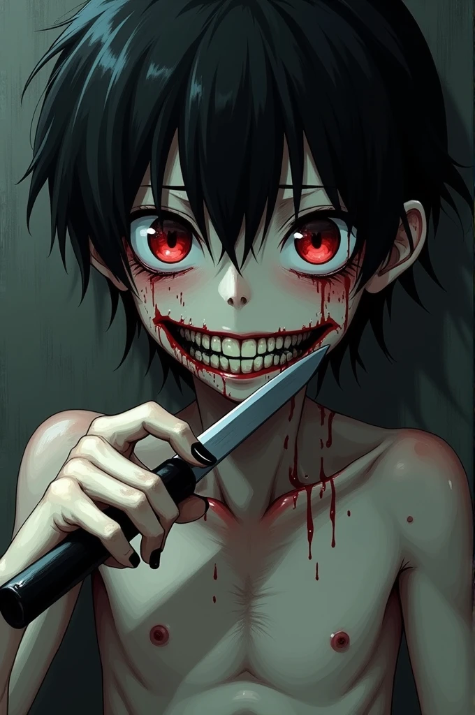 Anime boy, holding a knife to his throat, evil smile, red eyes, short black hair, black painted nails, blood on his face, shirtless and skinny