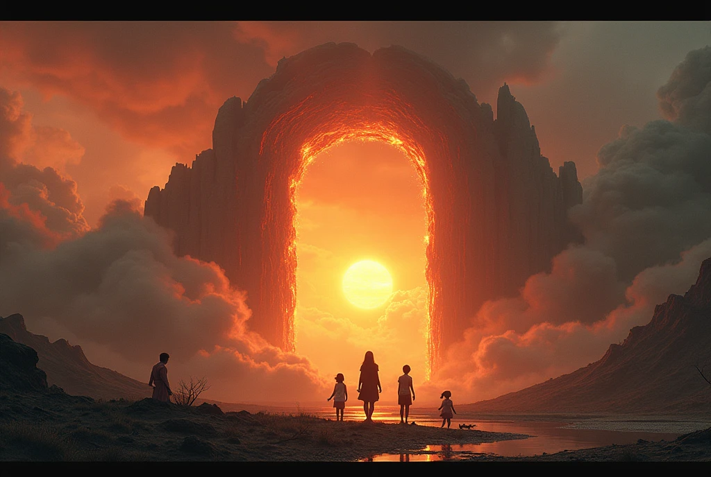 A landscape. A mother and her Kids are playing far away, very close to the firey gates of hell. A father is standing in the distant heaven, watching from afar