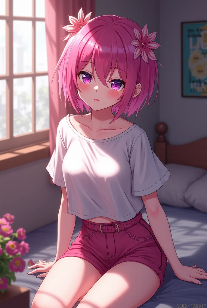 one person's, Momo Belia Deviluke,Pink Short Hair,Purple eyes,Floral Hair Accessories,shirt,Shorts,room,masterpiece, Highest quality, Absurd,