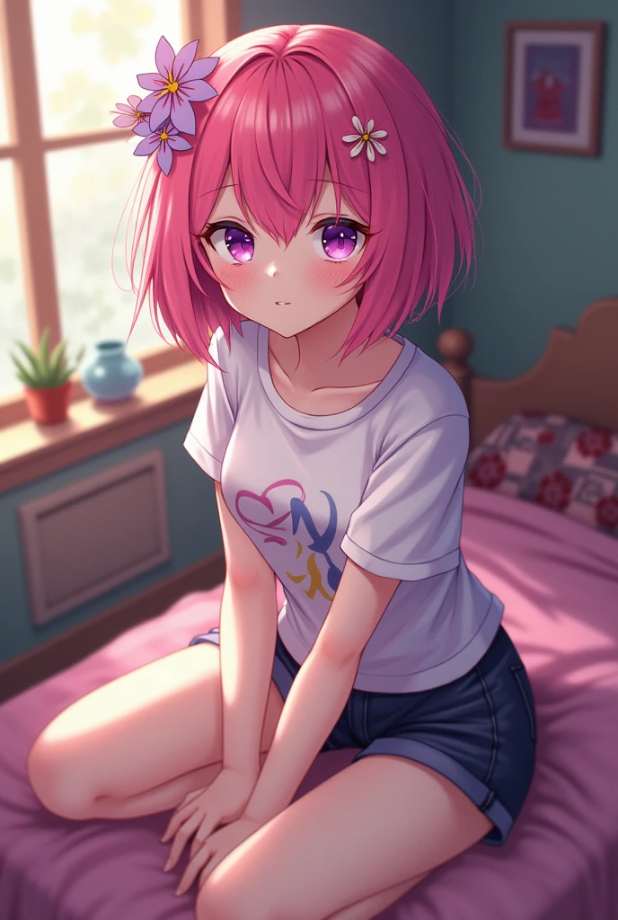 one person's, Momo Belia Deviluke,Pink Short Hair,Purple eyes,Floral Hair Accessories,shirt,Shorts,room,masterpiece, Highest quality, Absurd,
