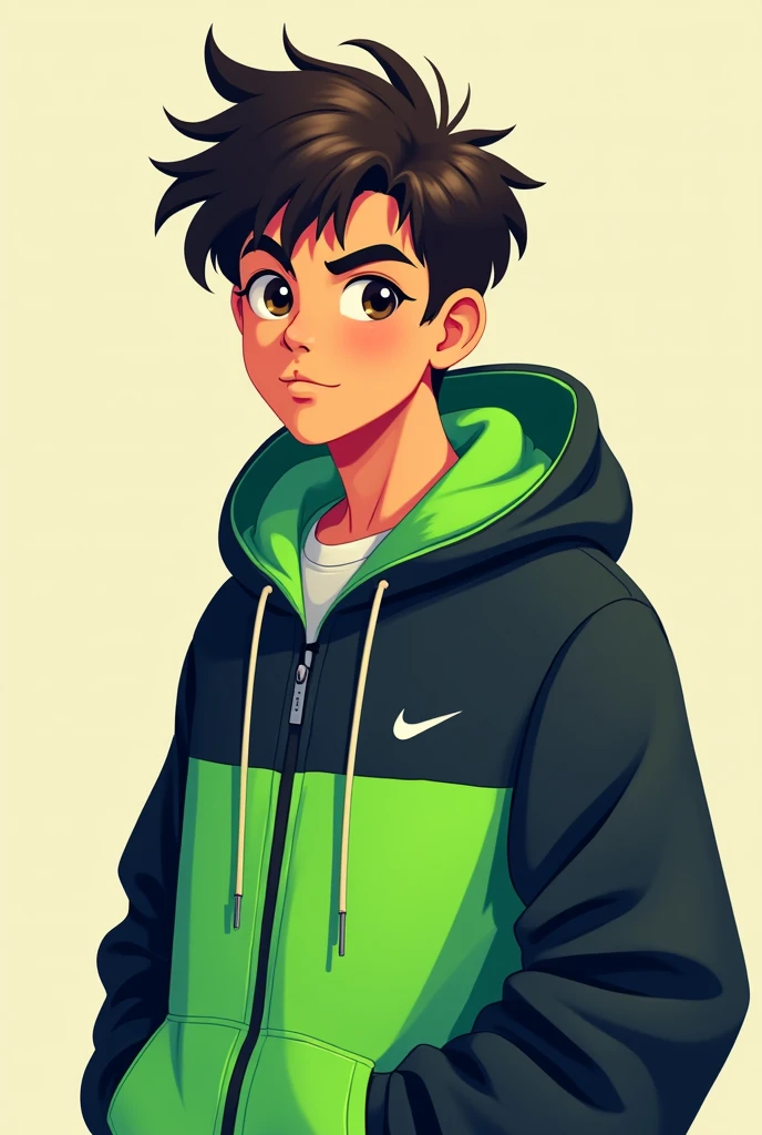 Create a character,of 13-17YO,wears hoodie,colours used should be vibrant.the art syle should be simple.Character should be a male and the art syleshould be 2d .The imageshould not look realistic.Make it look at the camera,the hoodie should be of green and black colour




