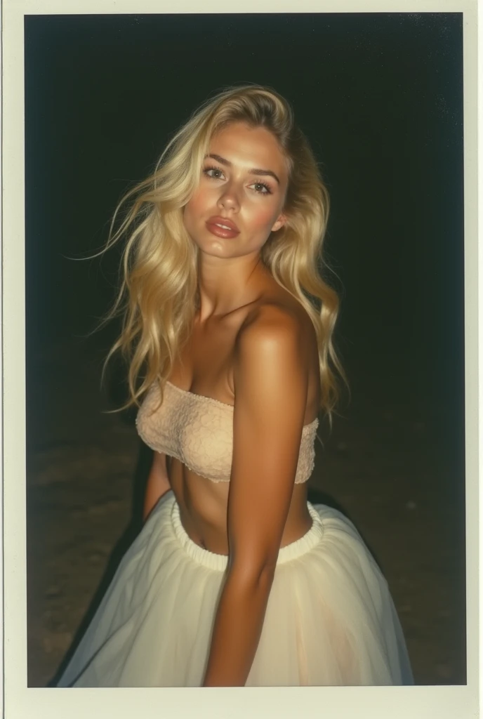 Polaroid photo, very beautiful girl, super detailed face, night photo, photo 2.oh beautiful woman, tanned skin, Blur, in a skirt, square, blonde hair