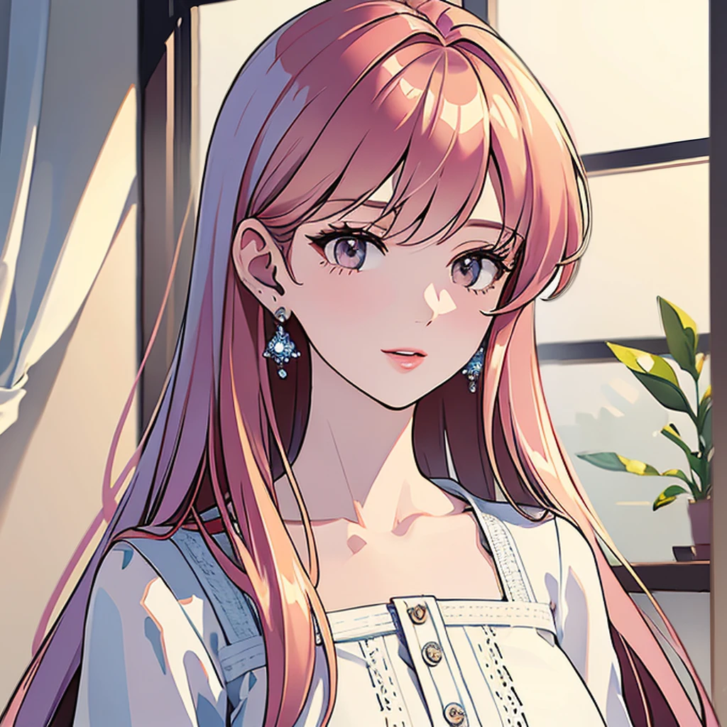 (masterpiece, high quality, 4k, 8k:1.4), 1girl, solo, pink hair, deep brown eyes, double-parted bangs, long hair, (mature female, mature:1.2), mole under eye, earrings, white flowy dress, close up, detailed face, beautiful detailed brown eyes, extremely detailed face, long eyelashes, intricate details, soft lighting, warm color palette, indoors
