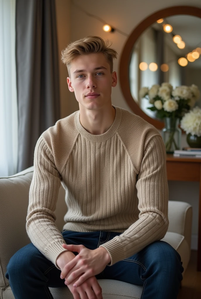A portrait photograph of a young man with light skin and short, styled blonde hair sitting on a light gray textured fabric sofa with visible horizontal stitching. He is wearing a light brown, ribbed knit long-sleeve sweater with a thick, textured pattern featuring a round neckline and ribbed cuffs. The sweater has a subtle V-shaped detail near the chest area and a slightly textured pattern on the shoulders and upper chest. Dark blue jeans with visible vertical stitching and a visible front pocket complete his outfit. He sits with his hands clasped together in front of him, his expression neutral as he looks directly at the camera with a slight smile. The lighting is soft and even, creating a warm and inviting atmosphere. In the background, there is a large mirror with a wooden frame, reflecting parts of the room including a window with closed gray curtains. To the right, a small round glass-top side table with a dark wooden frame holds a clear glass vase with white flowers and some books or small items. String lights with warm white bulbs are connected by dark brown wires, adding to the cozy ambiance and hanging across the upper right corner. The overall color palette includes shades of beige, brown, navy blue, and white, contributing to the neutral and balanced composition. The photograph is taken from a front angle, slightly to the left of the subject, with a shallow depth of field that keeps the focus on the man while softly blurring the background elements.