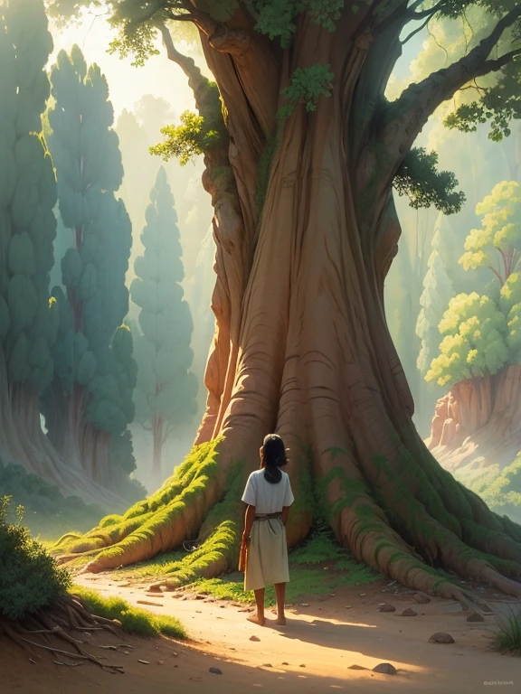 (draw a sequoia tree in the foreground),(in watercolor drawing style),(behind it a small forest that stretches into the distance),(dizzy morning light),(a small Brazilian Indian standing at the root of the sequoia), (bright colors)