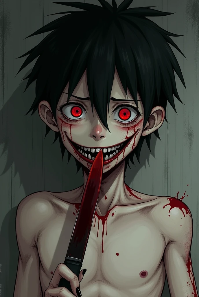 Anime boy, holding a knife to his throat, evil smile, red eyes, short black hair, black painted nails, blood on his face, shirtless and skinny