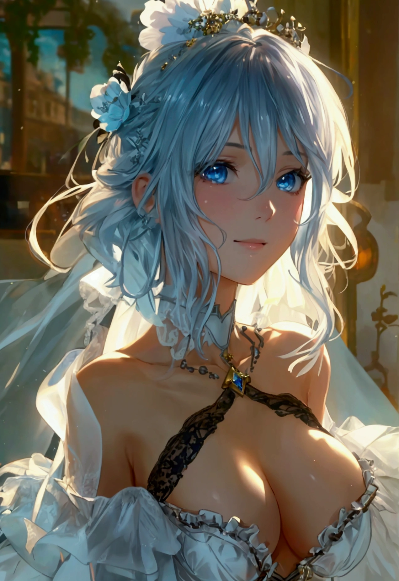 masterpiece, Highest quality, beautiful girl, Slender body, Large , , Princess Night, beautiful, Fine silver hair and blue eyes, Shoulder-length hair, Very detailed, ultra-Realistic, attractive physique, elegantな青いドレス, mini skirt, Frills, Off the shoulder, Subcolor is white, Black corset, Black garter belt, photoRealistic, masterpiece, 8k, Cinema Lighting, Dramatic composition, Soft pastel colors, beautiful fingers, Delicate skin, elegant, An innocent smile, Written boundary depth, Urban Background, (Highest quality,4K,8k,High resolution,masterpiece:1.2),Very detailed,(Realistic,photoRealistic,photo-Realistic:1.3