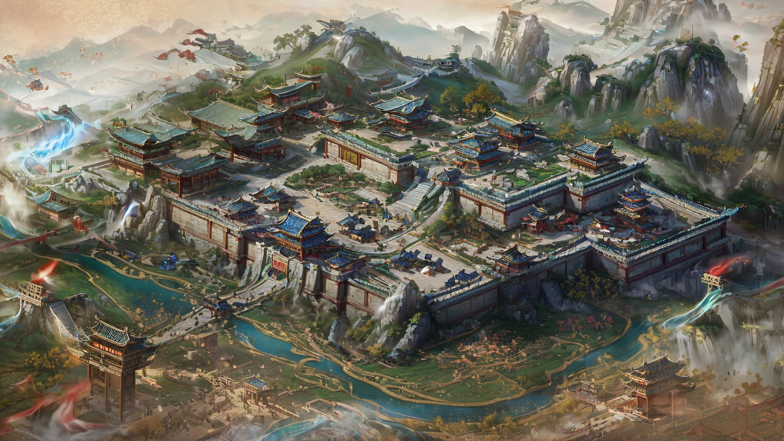 There is a building there,There are many buildings on it。, Beautiful rendering of the Tang Dynasty, Three Kingdoms of China, Game map painting, G Liulian art style, author:Yang J, Ancient city landscape, China Village, Cyberpunk Chinese Ancient Castle, Isometric Game Art, author 王鹗, by Li Zai, author:Ni Yuanlu, Steam Workshop Map