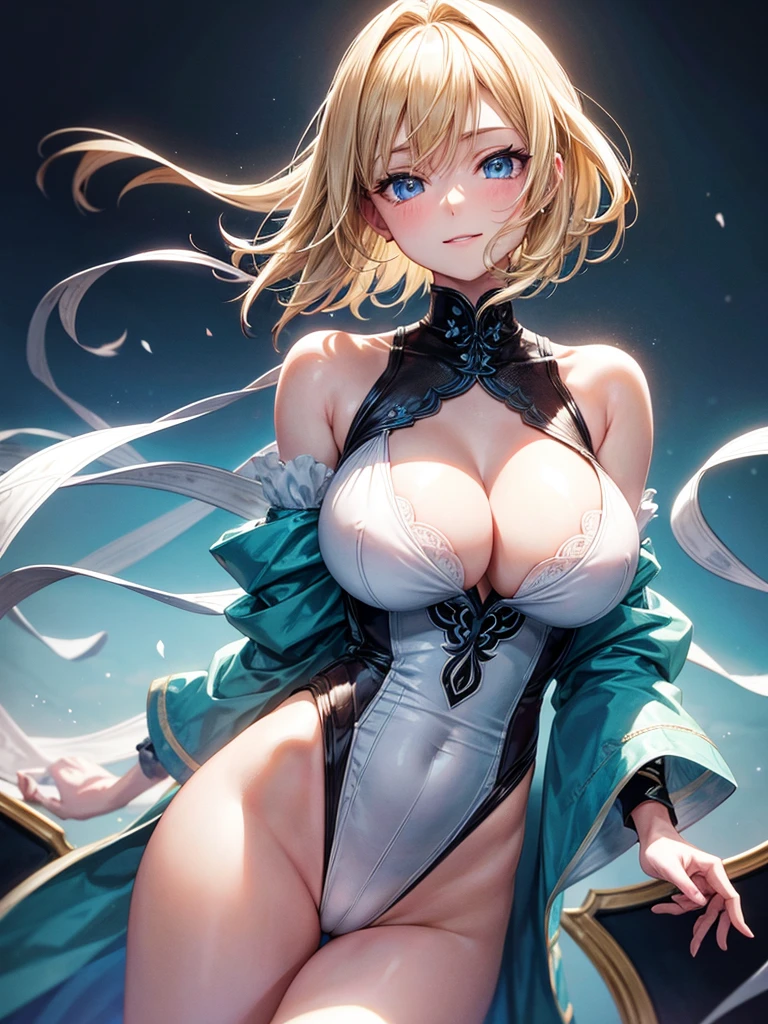Anime style, super fine illustration, super clear illustration, highly detailed, beautiful detailed, super pale tone image, super delicate illustration, super calm & static image, static representation, gentle expression, happy expression, 8k, pretty 1girl with blonde straight short hair & blue eyes & a bright smile & huge breasts & nipples & soft fair skin is wearing the street dancer black costume, on the stage, solo, perfect fingers, perfect arms, perfect legs, masterpiece.