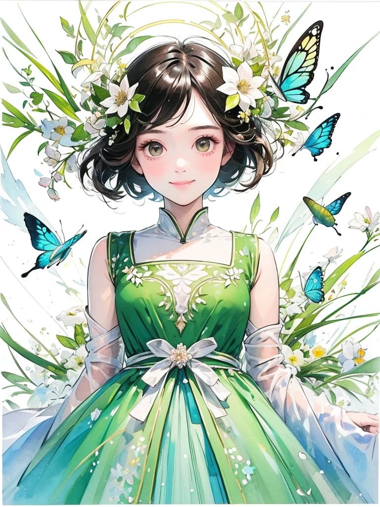 (masterpiece、highest quality、highest quality、Beautiful and beautiful:1.2)、Good anatomy、(Watercolor 1.5)、Composition looking up from a low position、Long Shot、Drawing of a girl with straight short hair、Beautiful smile、Butterfly Fairy Costume、pure white、pure、Charm、looking at the camera、Flowers and leaveint Green Wind、Botanical Art