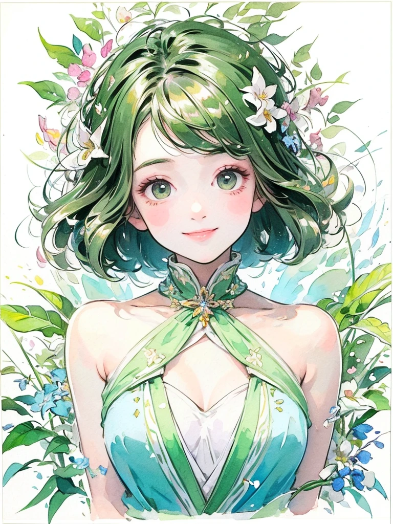 (masterpiece、highest quality、highest quality、Beautiful and beautiful:1.2)、Good anatomy、(Watercolor 1.5)、Composition looking up from a low position、Long Shot、Drawing of a girl with straight short hair、Beautiful smile、Butterfly Fairy Costume、pure white、pure、Charm、looking at the camera、Flowers and leaveint Green Wind、Botanical Art
