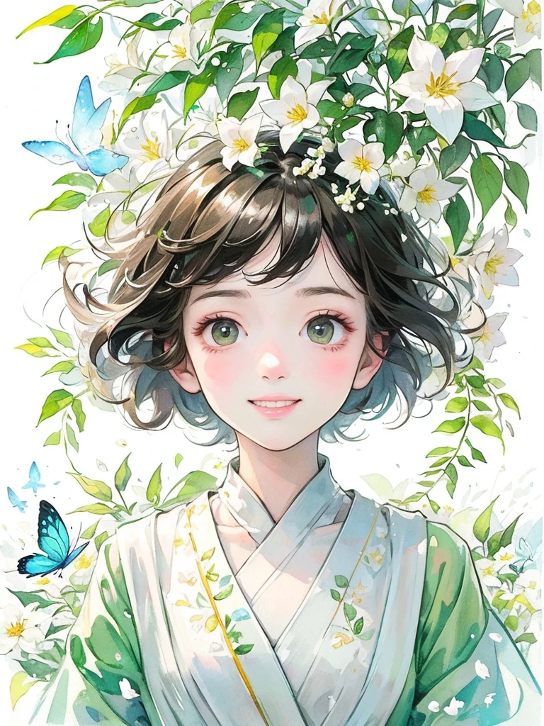 (masterpiece、highest quality、highest quality、Beautiful and beautiful:1.2)、Good anatomy、(Watercolor 1.5)、Composition looking up from a low position、Long Shot、Drawing of a girl with straight short hair、Beautiful smile、Butterfly Fairy Costume、pure white、pure、Charm、looking at the camera、Flowers and leaveint Green Wind、Botanical Art