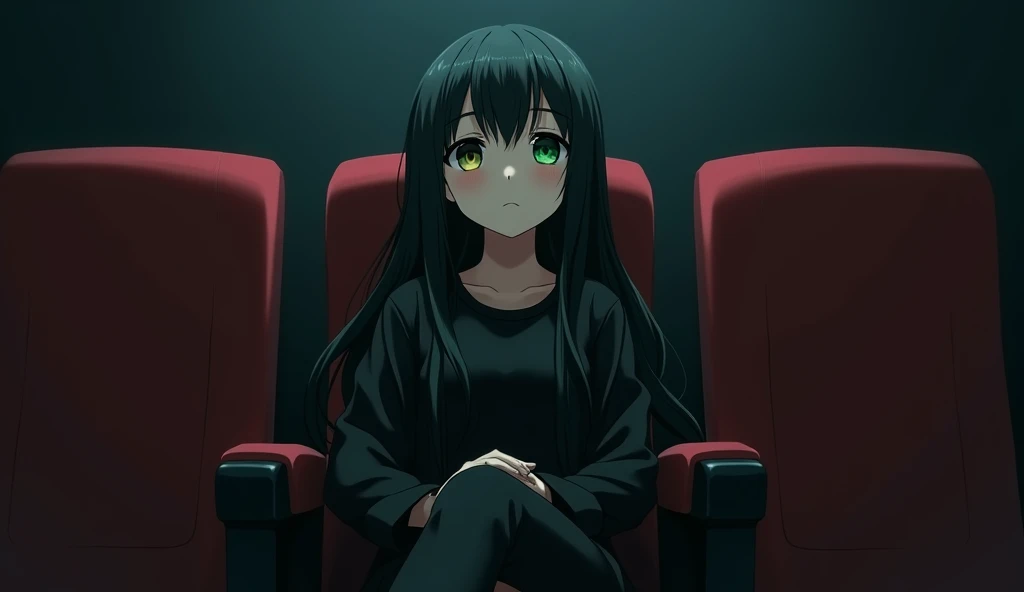 Anime 143 cm tall girl with long black hair with bangs, sitting at a cinema with dim lighting, medium breast, wearing black long pants and a black jacket, The point of view is from the front, heterochromia; the right eye is brown and the left eyes are green, above left eyes is a thread of bangs colored green, blank stare, looking up, alone.