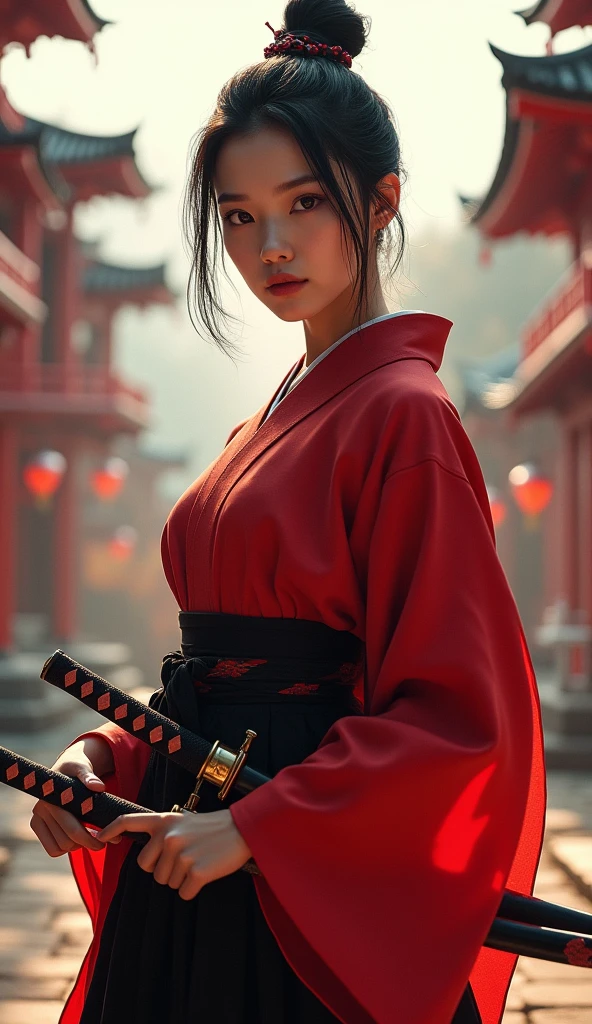 Samurai girl, short black hair tied back, wearing Japanese red kimono and black hakama, two Japanese swords across her waist, ((masterpiece, highest quality, Highest image quality, High resolution, photorealistic, Raw photo, 8K)), ((Extremely detailed CG unified 8k wallpaper)), (huge stunning goddess shot, very hot and sexy, jaw-dropping beauty, perfect proportions, beautiful body, slim body beauty:1.4),